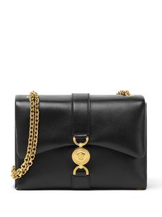 black lambskin gold-tone hardware foldover top with press-stud fastening chain-link shoulder strap gold-tone logo plaque main compartment Black And Gold Purse, Chloe 2024, Versace Bag, Gold Purse, Versace Gold, Small Shoulder Bags, Glam Party, Versace Bags, Chanel 2