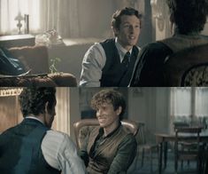 two pictures of people sitting in chairs and one is talking to another man who is wearing a vest