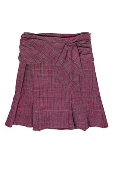 Current Boutique-Nanette Lepore - Purple Plaid Ruffle Bow Flared Skirt Sz 2 Chic Pleated Plaid Skirt, Spring Plaid Skirt For Work, Preppy Cotton Skirt For Workwear, Plaid Cotton Skirt For Work, Chic Plaid Skirt For Workwear, Crisp White Blouse, Leather Jewels, Pencil Silhouette, Collegiate Style