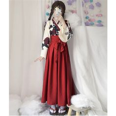 Color: Red Long Set, Size: S Red Long Skirt, Moda Kimono, Kimono Floral, Long Sleeve Kimono, Long Red Dress, Japanese Dress, Kawaii Dress, Party Dress Long Sleeve, Style Japonais