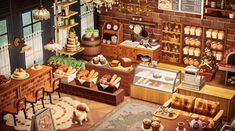 an artist's rendering of a bakery with lots of food