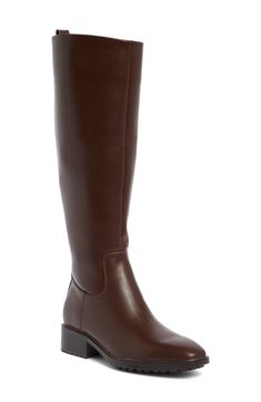 A tapered square toe and stacked heel balance a versatile boot shaped in a knee-high silhouette for timeless appeal. 1 1/2" heel 14 1/4" shaft; 16" calf circumference Side zip closure Synthetic upper/textile and synthetic lining/synthetic sole Imported Brown Boots Knee High, Ireland Fits, Business Fits, Brown Tall Boots, Fall Wishlist, Brown Knee High Boots, Tapered Square, Tall Brown Boots, Short Heels