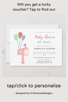 a baby shower card with balloons on it and the text, will you get a lucky voucher tap to find out?