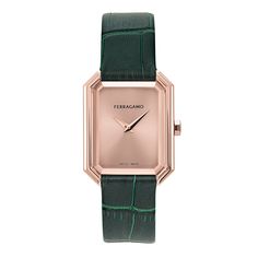 Introducing a stunning timepiece for women from Ferragamo. With its sapphire glass and captivating geometric angles, it is a timeless treasure that exudes elegance and grace. This watch combines a modern aesthetic with a touch of femininity. It is a true embodiment of elegance, sophistication, and style. 26.5X33.5mm Ion-Plated Rose Gold Stainless Steel Case Green Calf Leather Strap Rose gold-tone Sunray Dial Swiss Made 2 Hand Quartz Movement Sapphire crystal Water-resistant up to 3 ATM Swiss mad Timeless Rectangular Jewelry And Watches For Evening, Elegant Rectangular Jewelry And Watches For Evening, Formal Diamond Watch With Metal Dial, Elegant Yellow Gold Rectangular Watch, Classic Evening Watch With Metal Dial, Timeless Rectangular Watch With Polished Finish, Luxury Rectangular Diamond Watch For Evening, Timeless Rectangular Jewelry And Watches For Anniversary, Elegant Rectangular Diamond Watch Gift