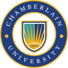 the logo for the university of chamberellan in blue, yellow and white colors