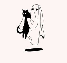 a black and white drawing of a ghost with a cat in it's arms