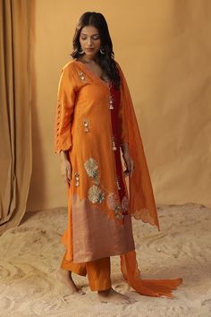 Orange chanderi silk cutwork kurta with floral hand paint and tasselled mirror work embroidery. Paired solid scallop edged dupatta and solid straight pant. - Aza Fashions Mirror Work Embroidery, Jayanti Reddy, Diana Penty, Rohit Bal, Silk Kurta, Tarun Tahiliani, Luxury Sale, Hand Paint, Mirror Work