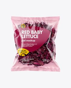 a bag of red baby lettuce on a white background