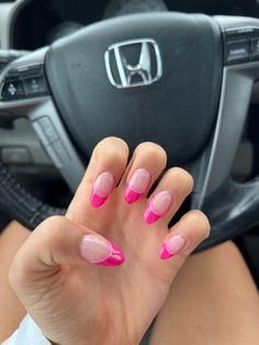 Fuchsia Pink French Tip Nails, Fuschia Pink French Tip Nails, Fuschia Nails French Tip, French Tip With Color Line Under, Double French Pink Nails, Hot Pink And Light Pink French Nails, Double Pink Nails, Bubble Gum French Nails, 2 Tone Pink French Tip Nails