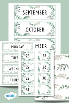 the printable calendar is shown with green leaves and branches on it, along with other items