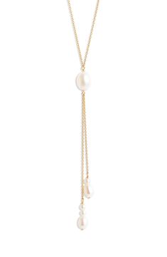 Cultured pearls give organic dimension to a Y-necklace crafted from 14-karat gold. 16" length; 3" drop Pearl size: 3–8mm 14k gold/cultured pearl Handmade in Canada Asian & Pacific Islander Owned/Founded Formal Dangle Lariat Necklace With Pearl Drop, Formal Dangle Pearl Drop Lariat Necklace, Formal Pearl Pendant Lariat Necklace, Formal Lariat Pearl Necklace With Pendant, Formal Lariat Pearl Pendant Necklace, Formal Lariat Necklace With Pearl Drop, Elegant Long Drop Necklace With Pearl Charm, Formal Lariat Pearl Drop Necklace, Yellow Gold Lariat Necklace With Pearl Charm