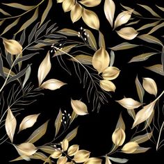 a black background with gold leaves and branches