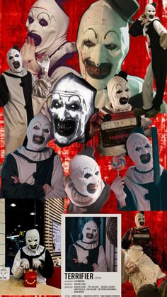 a collage of photos with clowns and masks