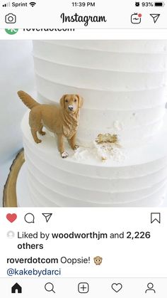 a dog figurine standing on top of a white cake