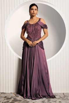 Shop for Jade By Ashima Purple Satin Viola Embroidered Bodice Gown for Women Online at Aza Fashions Floor-length Evening Dress With Intricate Embroidery For Banquet, Embroidered Floor-length Banquet Gown, Hand Embellished Floor-length Gown For Banquets, Hand Embellished Floor-length Gown For Banquet, Embroidered Formal Dress With Cape Sleeves, Reception Dress With Embroidered Sleeves, Fitted Dresses With Draped Sleeves For Reception, Fitted Dress With Embroidered Sleeves For Reception, Floor-length Embellished Embroidered Dress For Evening