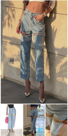 Street Solid Color Rhinestone Decor High Waist Denim Jeans Denim Street Style, High Waist Denim, Rhinestone Decor, Denim Style, High Waisted Denim, Long Pants, Denim Fashion, Denim Jeans, The End