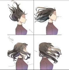 four different views of a woman's hair with long, dark hair in the middle