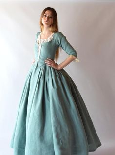 LOUISE, 18th-Century Dress in Almond Green Linen - Atelier Serraspina Outlander Dress, 18th Century Dresses, English Dress, Gifts For History Buffs, 18th Century Dress, Century Dress, Honey Yellow, Historical Reenactment, Historical Costume