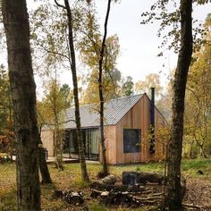 a cabin in the woods surrounded by trees and rocks, with a fire pit on the ground