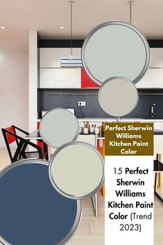 the kitchen is painted in different shades of blue, white and gray with red accents