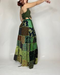 Patchwork maxi skirt with an elastic waistband and a drawstring. Every skirt will have unique patches. Size small. Long Patchwork Skirt, Hankerchief Skirt Outfits, Earthy Streetwear Outfits, Patchwork Skirt Diy, Granny Square Maxi Skirt, Patchwork Skirt Outfit, Adventurecore Outfit, Green Maxi Skirt Outfit, Patch Work Skirt