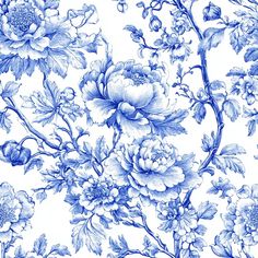 a blue and white floral wallpaper with flowers