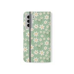 a green phone case with white daisies and yellow centers on it, both side by side