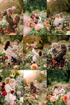 a woman holding a child in her arms while surrounded by flowers