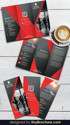 three fold brochure with red and black triangles on the front, two cups of coffee