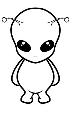 an alien with big eyes is shown in this black and white drawing, it appears to be looking at the camera