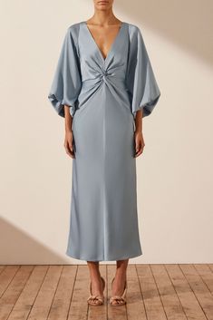 Azure Dress, Front Knot Dress, One Shoulder Cocktail Dress, Shona Joy, Knot Dress, Slim Fit Top, Midi Length Skirts, Midi Dress With Sleeves, Blue Midi Dress