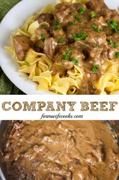 two pictures showing different types of beef and noodles with gravy on the side