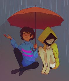 two people sitting under an umbrella in the rain