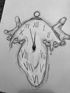 a drawing of a clock with hands on it's face is shown in black and white