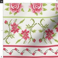 a cross stitch pattern with pink flowers and green leaves on white fabric, as well as the