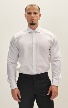 Pure Cotton Spread Collar Dress Shirt - White - Ron Tomson Timeless Long Sleeve Dress Shirt For Work, Elegant Shirt With Hidden Button Closure For Office Wear, Elegant Business Casual Button-up Shirt, Elegant Button-up Shirt For Business Casual, Elegant Button-up Business Casual Shirt, Collared Dress Shirt With Hidden Button Closure For Work, Modern Semi-formal Spring Dress Shirt, Elegant Shirt With Cuffed Sleeves For Office Wear, Elegant Collared Dress Shirt For Office