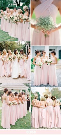 bridesmaids in pink dresses and bouquets