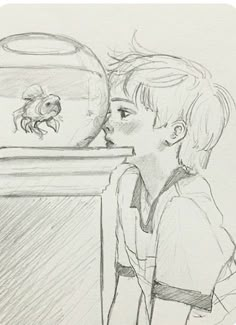 a drawing of a young boy looking at a fish in a bowl with a mouse on it