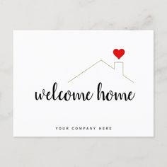 a white business card with the words welcome home and a red heart on it's corner