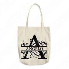 a tote bag with the word angelo on it and an ornamental letter in black