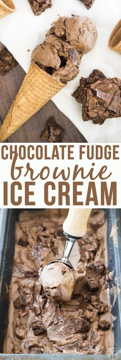 chocolate fudge brownie ice cream in a pan with an ice cream scooper