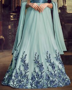 Sky Blue Designer Embroidered Satin Anarkali Gown-Saira's Boutique Satin Anarkali, Embroidery Stones, Sky Blue Fabric, Resham Embroidery, Holiday Promotions, Anarkali Gown, Reception Party, Net Dupatta, Anarkali