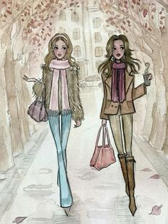 two women are walking down the street carrying shopping bags and purses in their hands