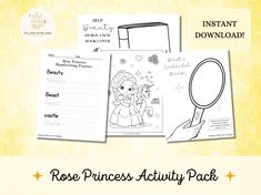 the princess activity pack includes an image of a book, magnifying glass and paper