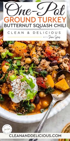 one pot ground turkey butternut squash chili recipe in a white bowl with spoons