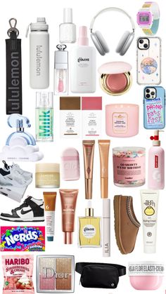 many different types of cosmetics and personal care products are arranged in a grid pattern on a white background