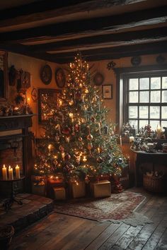 a lit christmas tree in a rustic living room