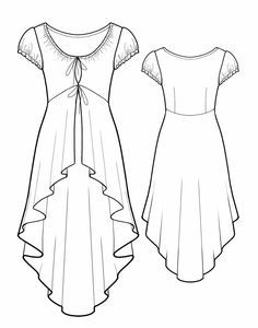 the front and back views of a women's dress with ruffled hems