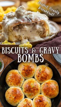 biscuits and gravy rolls in a black bowl on a wooden table with text overlay