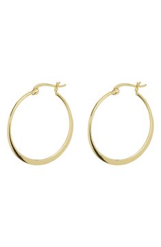 These dramatic sterling silver hoops boast a flat profile that reflects the light and catches the eye. 1" hoop diameter Snap down post Sterling silver with 18k-gold plate Imported Modern Gold Hoop Earrings In Sterling Silver, Modern Hallmarked Hoop Earrings For Everyday, Modern Everyday Hoop Earrings, Modern Hoop Jewelry With Shiny Finish, Gold Sterling Silver Hoop Earrings With Shiny Finish, Modern Hallmarked Round Hoop Earrings, Modern Round Hallmarked Hoop Earrings, Modern Hallmarked Hoop Earrings, Minimalist Small Hoop Hallmarked Earrings